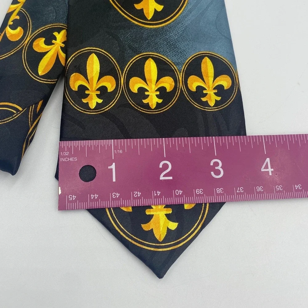 Steven Harris Mens Fleur-de-lis Necktie Black‎ Gold Blue Polyester Hand Made Tie